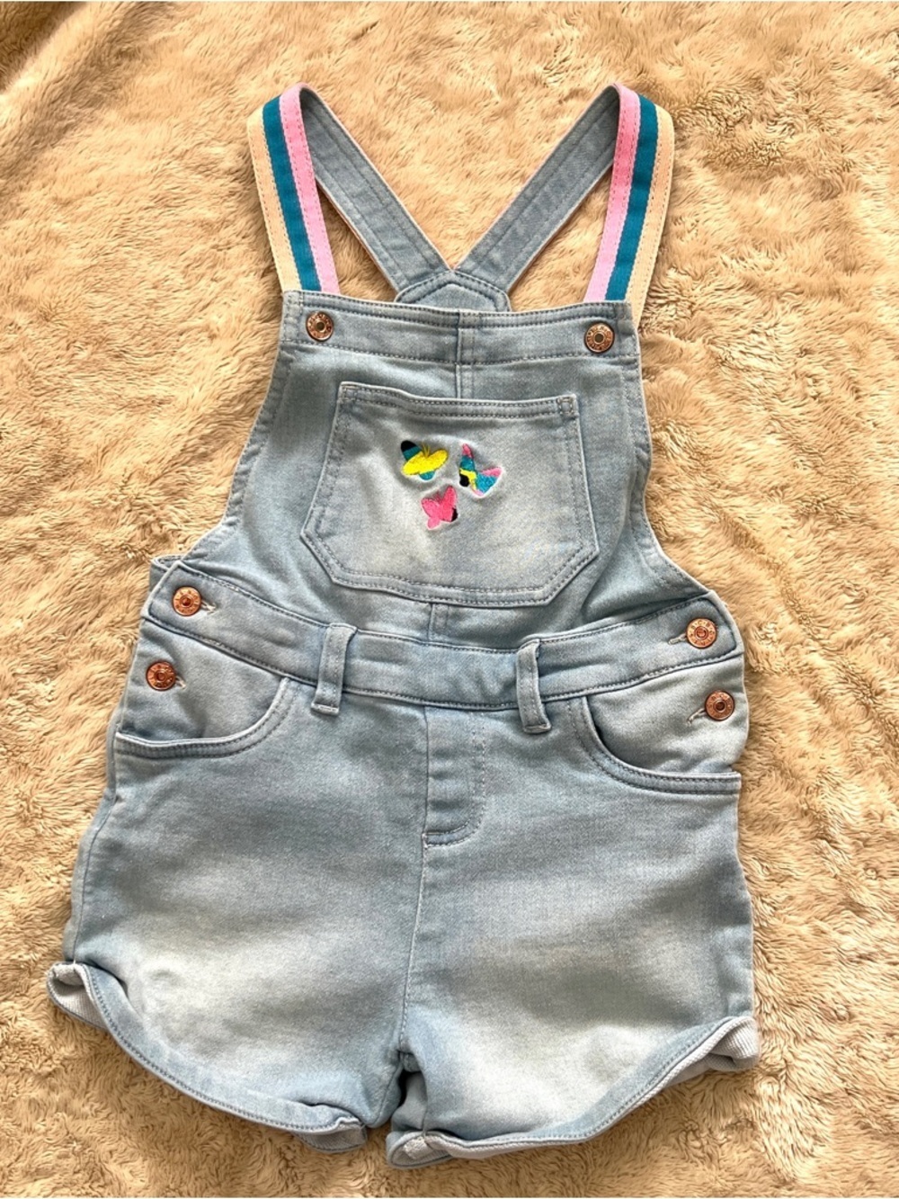 BCBG Girls Blue Butterfly Embroidered Overall Shorts Size 6